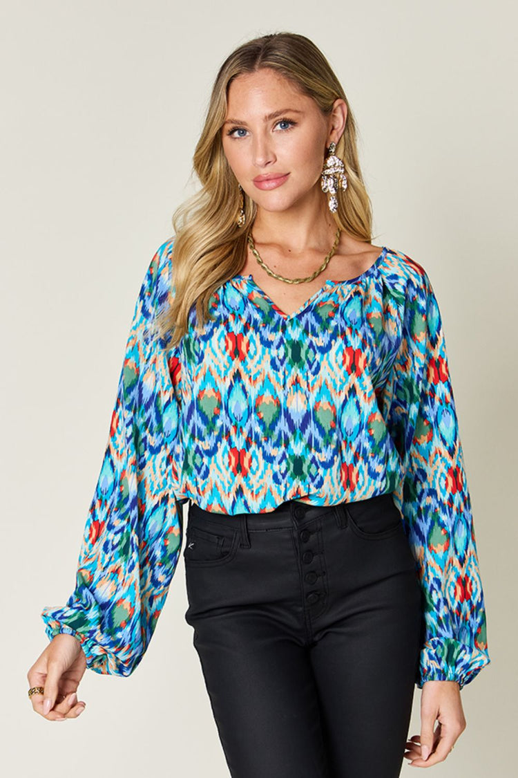 Double Take Full Size Printed Balloon Sleeve Blouse - MyEmpired