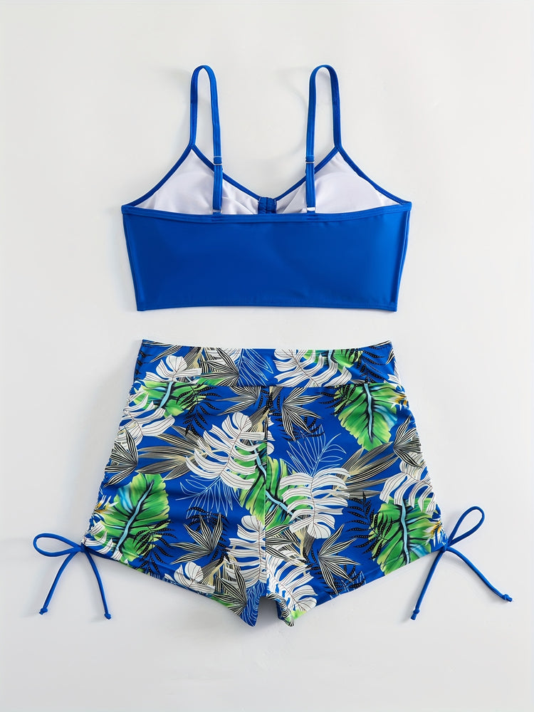 Tropical Leaf Print V Neck High Waist Bikini Sets, Drawstring Spaghetti Straps Boxer Short Bottoms Two Pieces Swimsuit, Women&