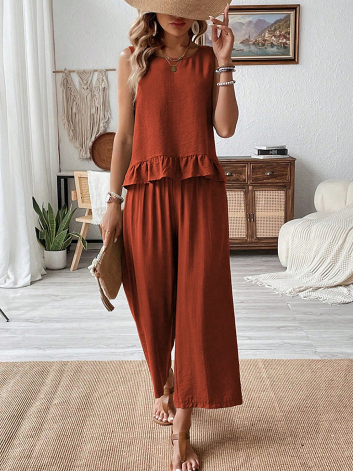 Ruffled Round Neck Top and Wide Leg Pants Set - MyEmpired