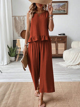 Ruffled Round Neck Top and Wide Leg Pants Set - MyEmpired