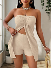 Elegant Textured Solid Two Piece Set, Split Ruched Tube Top & High Waist Skinny Shorts Outfits, Women&