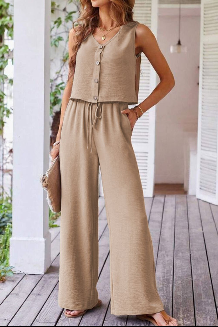 Button Down Vest and Drawstring Wide Leg Pants Set - MyEmpired