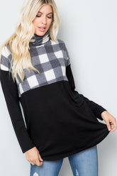 Celeste Full Size Pocketed Plaid Turtleneck Long Sleeve Blouse - MyEmpired