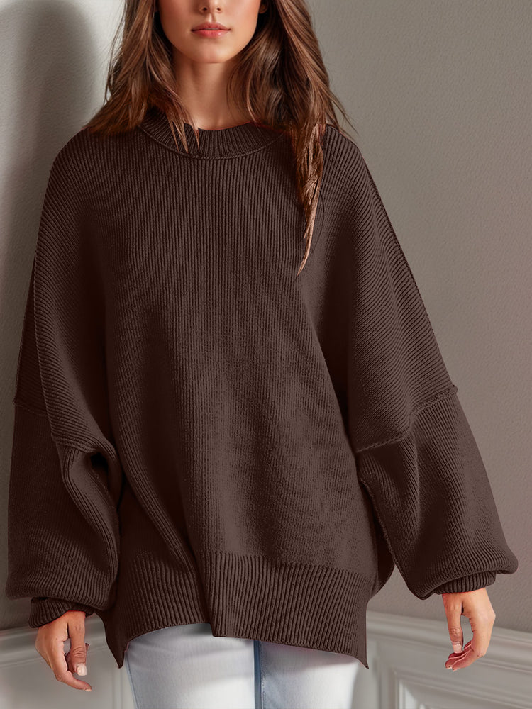 Double Take Side Slit Round Neck Long Sleeve Sweater - MyEmpired