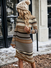 Striped Pattern Lettuce Trim Slim Dress, Elegant Mock Neck Long Sleeve Sweater Dress For Fall, Women&