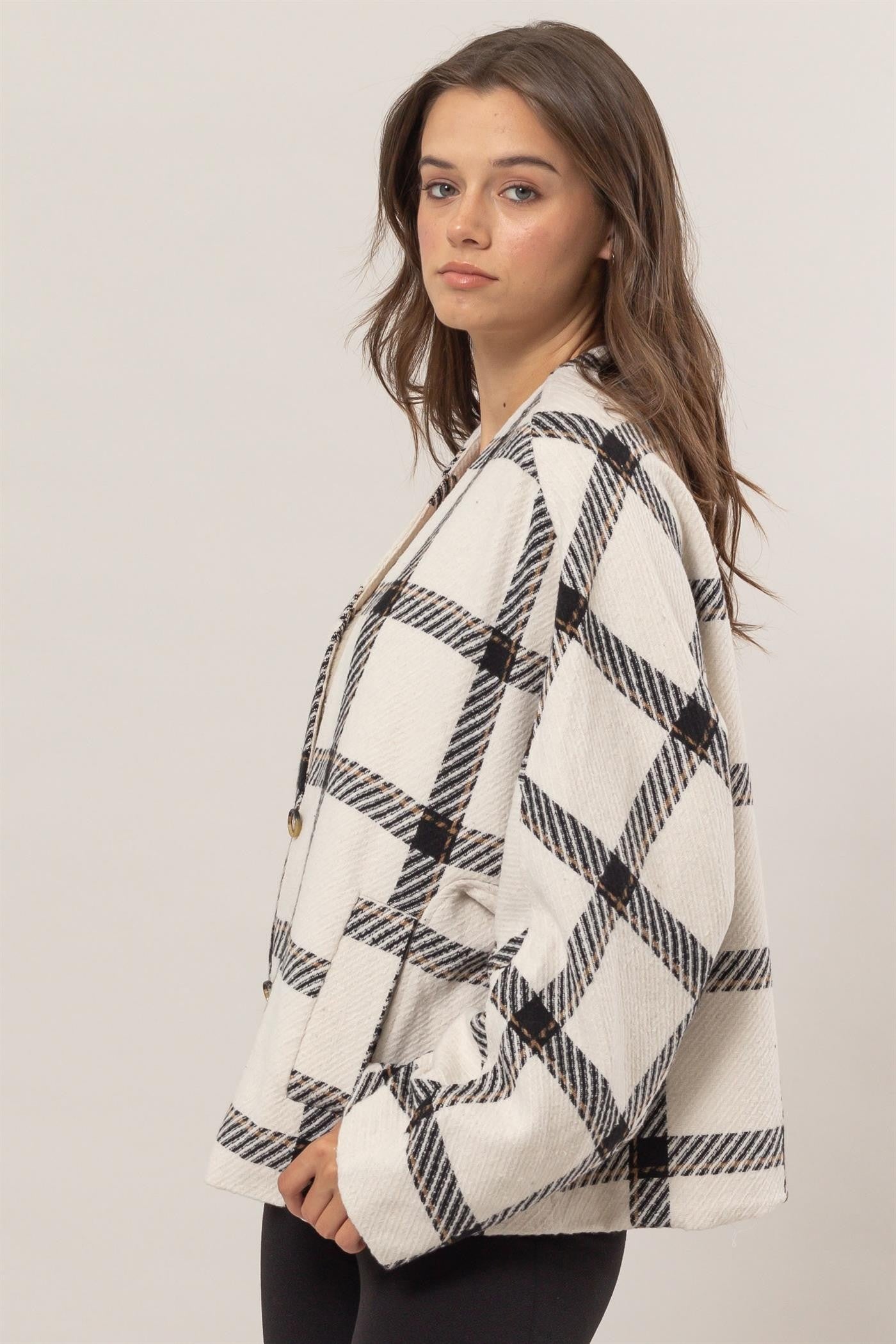 HYFVE Plaid Long Sleeve Jacket with Side Slit Pockets - MyEmpired