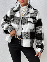 Plaid Pattern Button Front Fuzzy Coat, Casual Long Sleeve Warm Outerwear For Fall & Winter, Women&