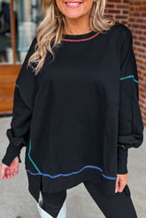 Slit Round Neck Lantern Sleeve Sweatshirt - MyEmpired