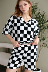 Checkerboard V Neck Loose Tee and Shorts Set - MyEmpired