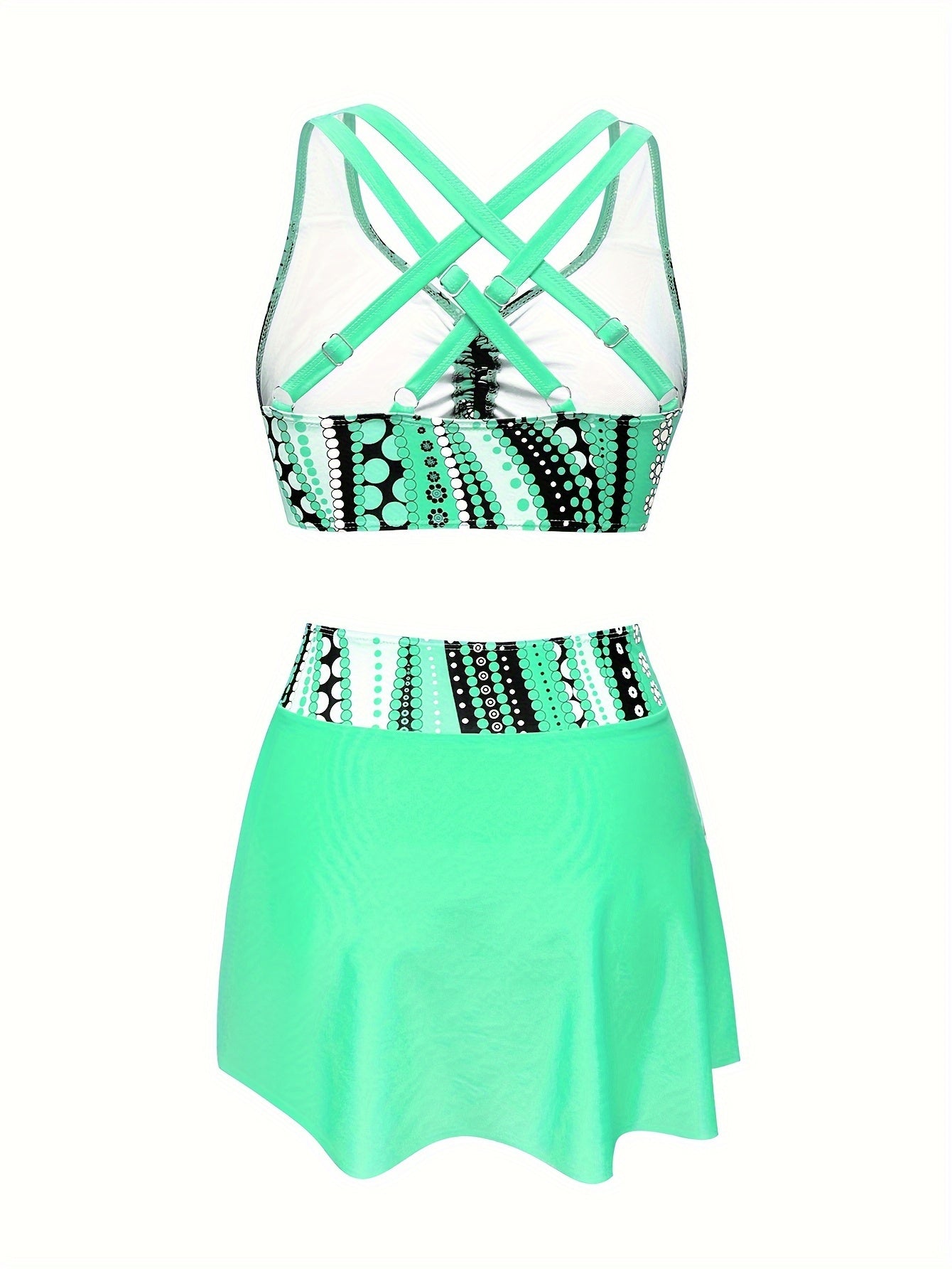 Polka Dot Print 3 Piece Set Tankini, V Neck Drawstring Front High Cut With Cover Up Skirt Swimsuits, Women&