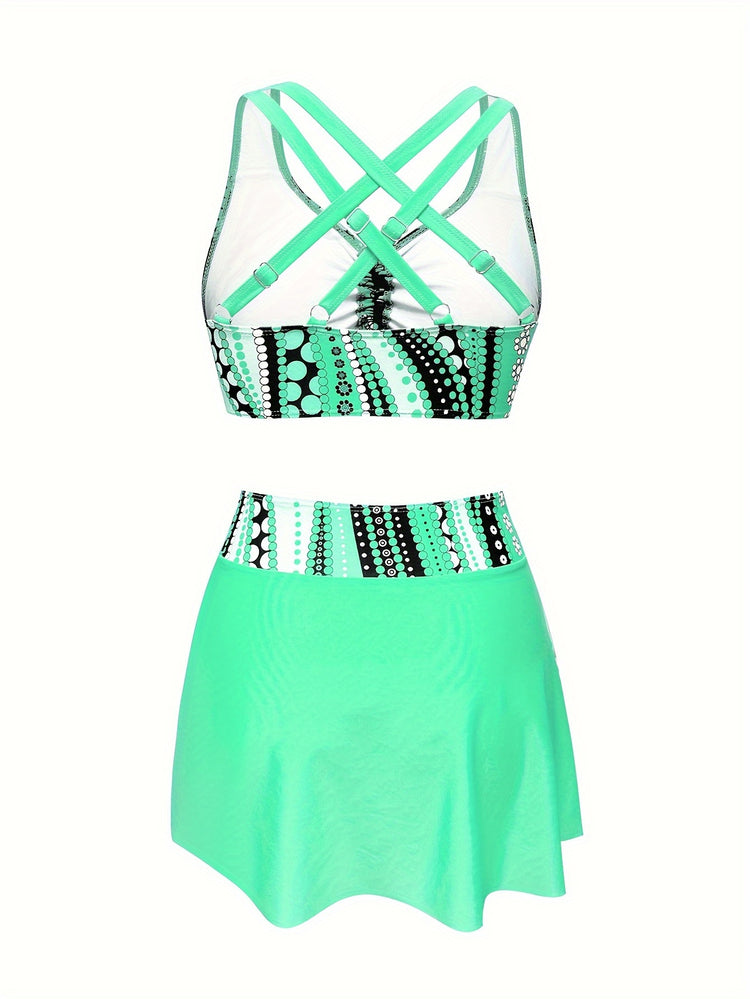 Polka Dot Print 3 Piece Set Tankini, V Neck Drawstring Front High Cut With Cover Up Skirt Swimsuits, Women&
