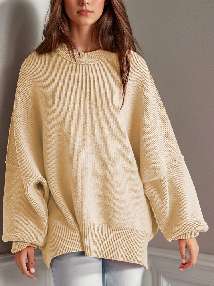Double Take Side Slit Round Neck Long Sleeve Sweater - MyEmpired