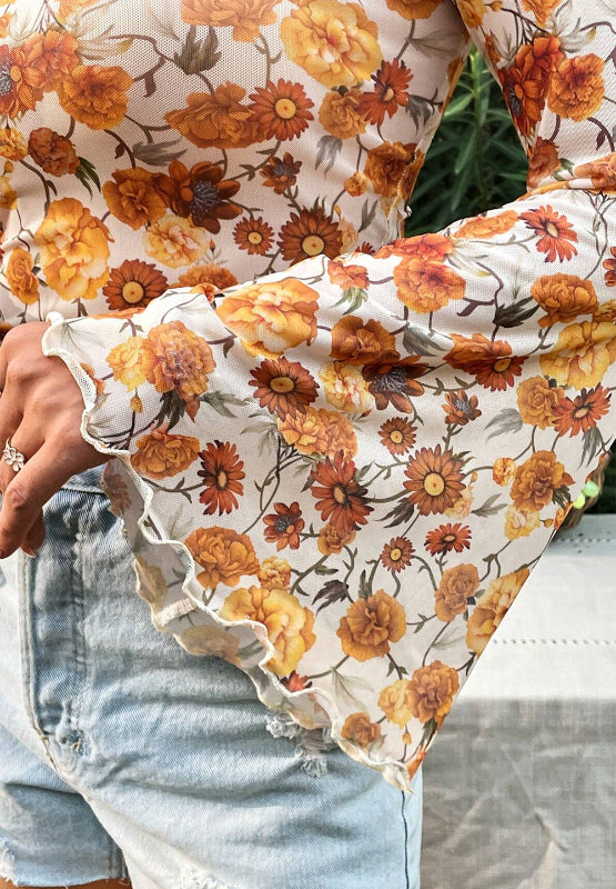Printed Mock Neck Flare Sleeve Top - MyEmpired