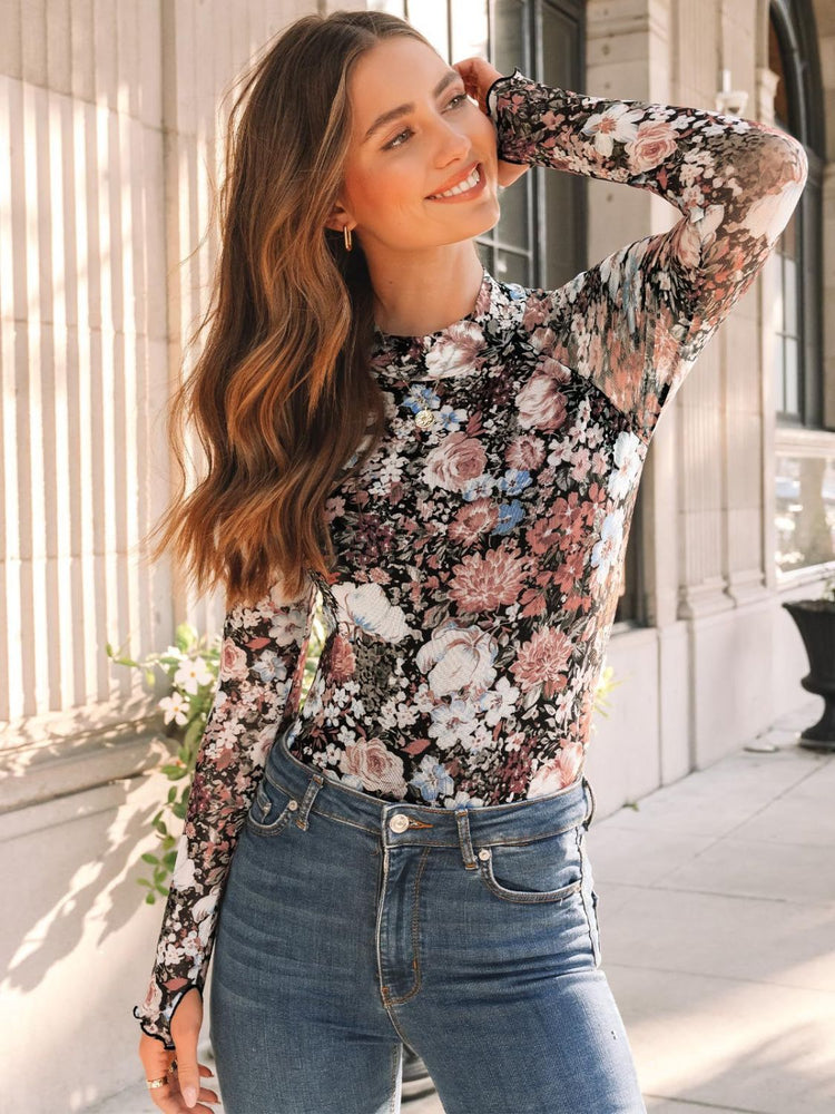 Floral Mock Neck Long Sleeve T-Shirt - MyEmpired