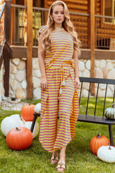 Striped Round Neck Short Sleeve Top and Pants Set - MyEmpired