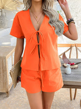 Devine Tied V-Neck Short Sleeve Top and Shorts Set - MyEmpired