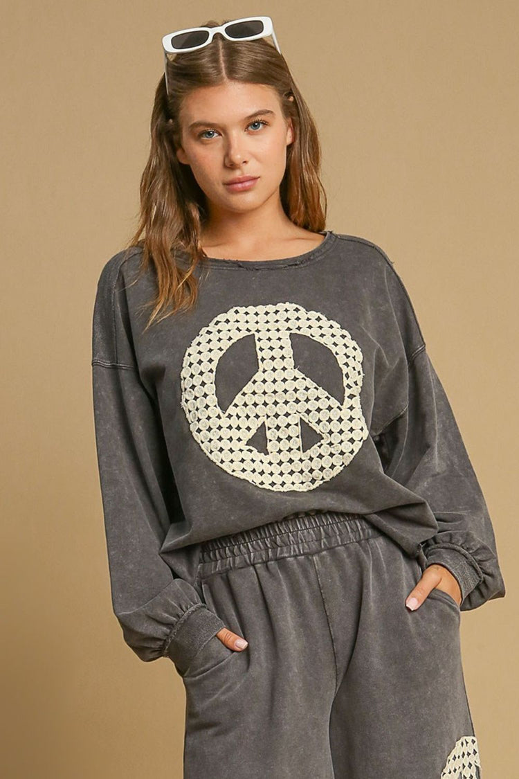Umgee Full Size Peace Lace Applique Mineral Wash Sweatshirt Plus Size - MyEmpired