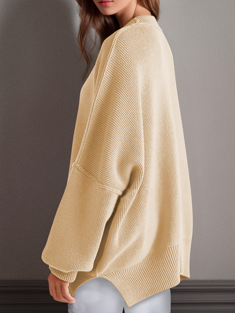 Double Take Side Slit Round Neck Long Sleeve Sweater - MyEmpired