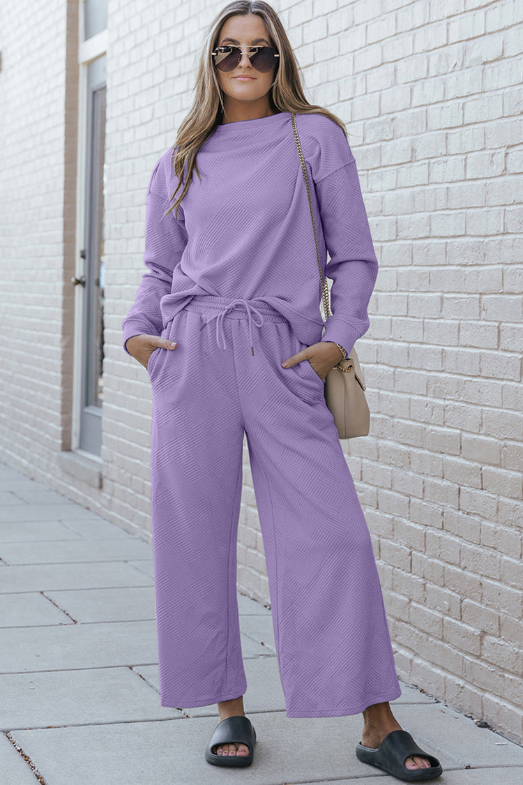 Double Take Full Size Textured Long Sleeve Top and Drawstring Pants Set - MyEmpired