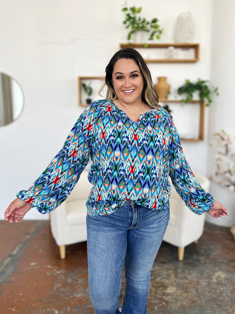 Double Take Full Size Printed Balloon Sleeve Blouse - MyEmpired