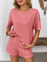 Striped Round Neck Short Sleeve Top and Shorts Set - MyEmpired