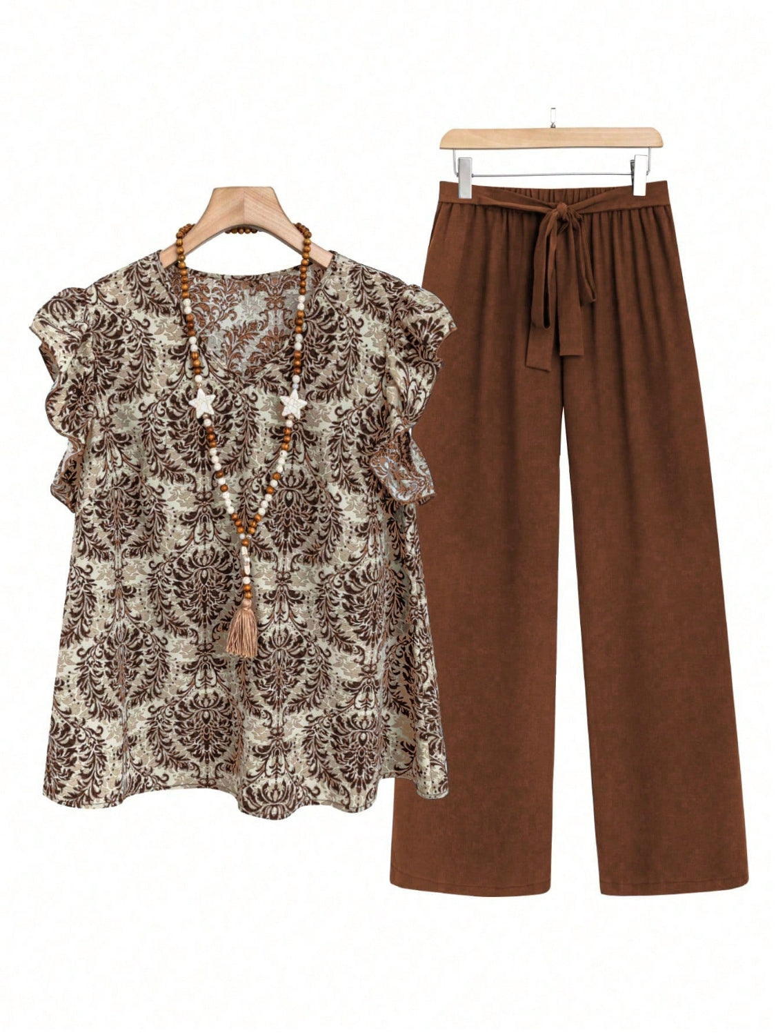 Printed Ruffled Cap Sleeve Top and Pants Set - MyEmpired