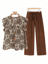 Printed Ruffled Cap Sleeve Top and Pants Set - MyEmpired