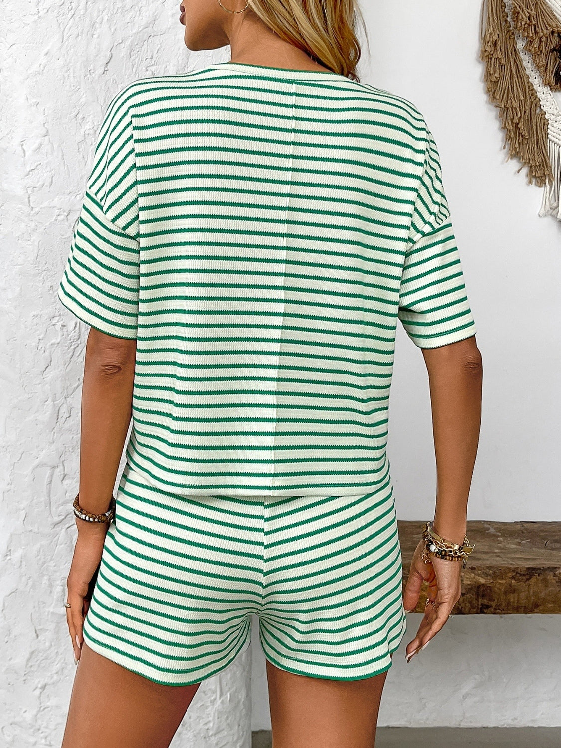 Striped Round Neck Short Sleeve Top and Shorts Set - MyEmpired