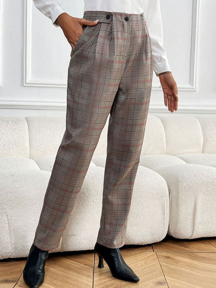 Perfee Plaid Straight Pants with Pockets - MyEmpired