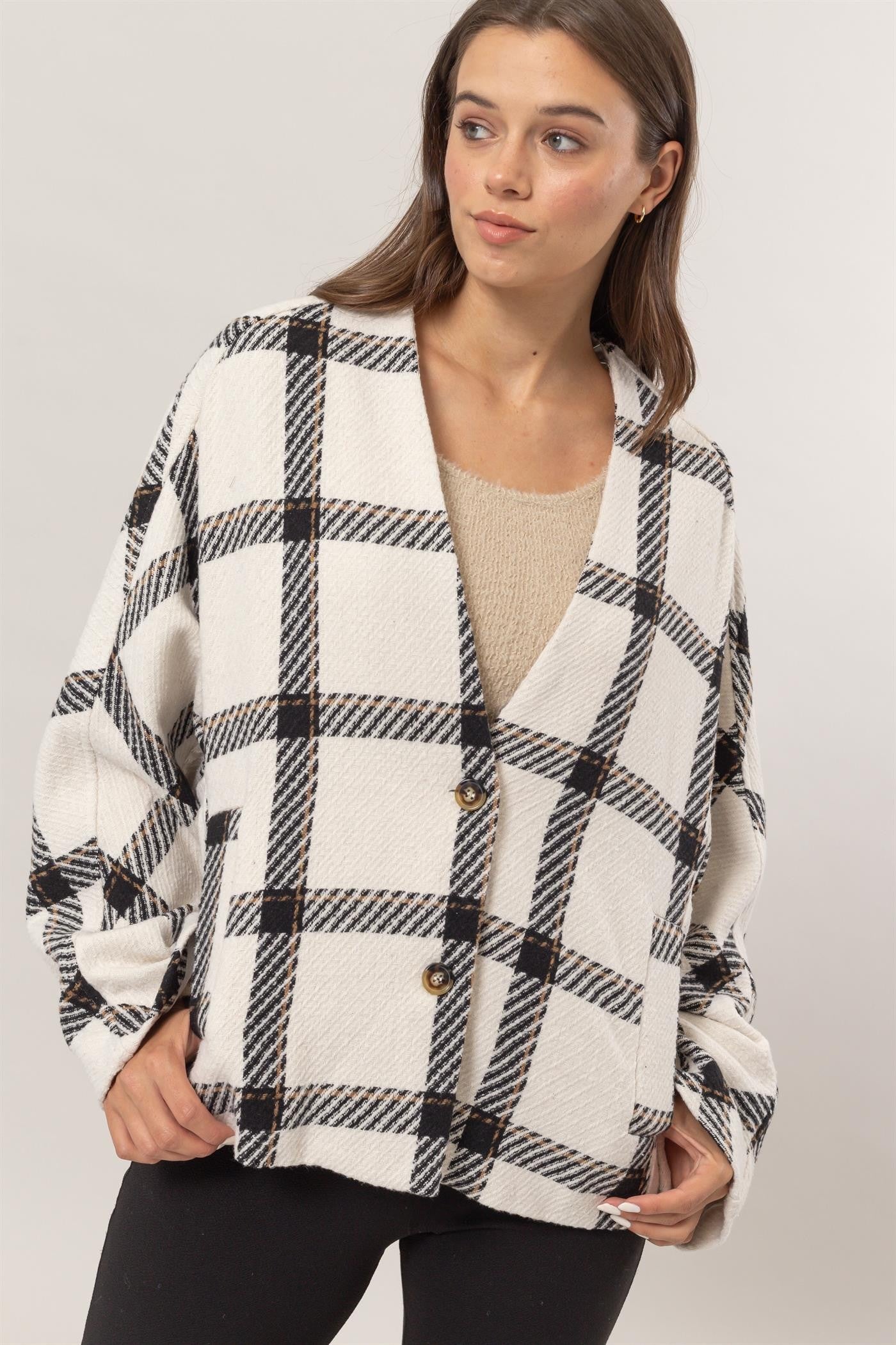 HYFVE Plaid Long Sleeve Jacket with Side Slit Pockets - MyEmpired
