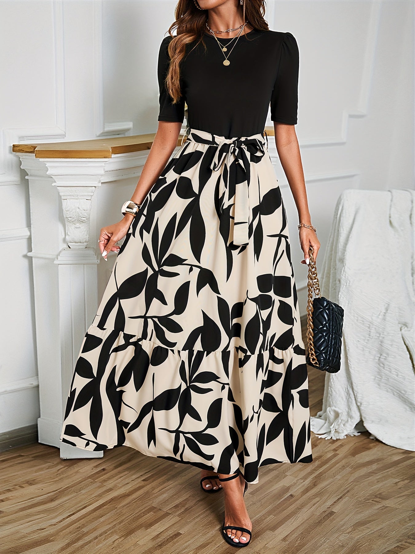 Plant Print Belted Splicing Dress, Elegant Crew Neck Short Sleeve Dress For Spring & Summer, Women&