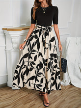 Plant Print Belted Splicing Dress, Elegant Crew Neck Short Sleeve Dress For Spring & Summer, Women&
