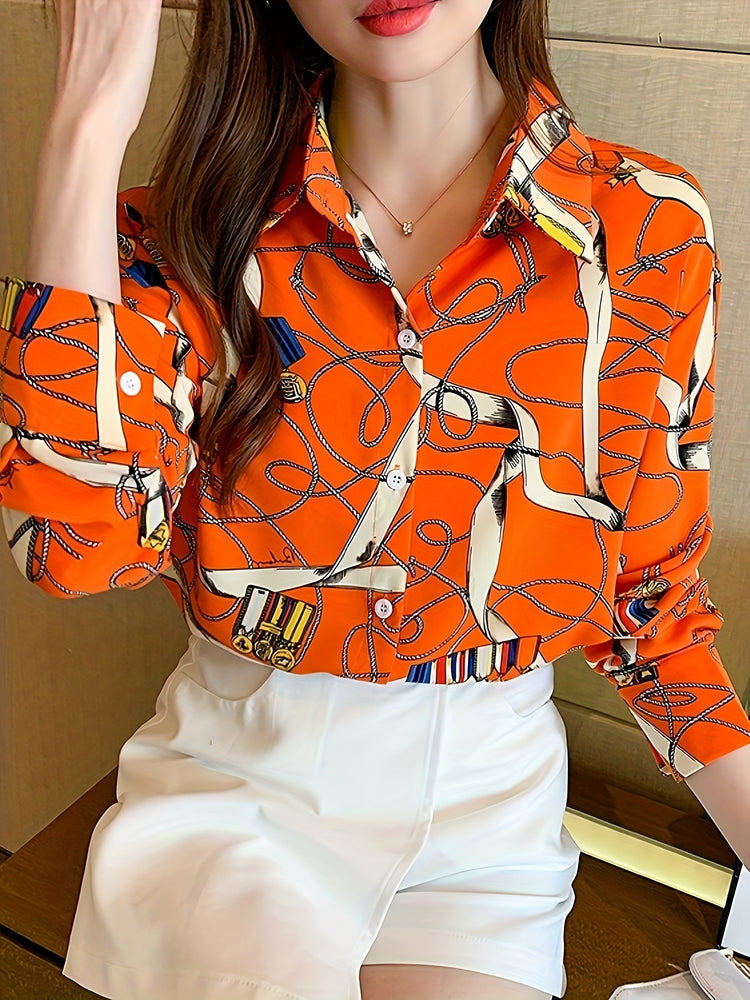 Graphic Print Button Front Shirt, Casual Long Sleeve Shirt For Spring, Women&