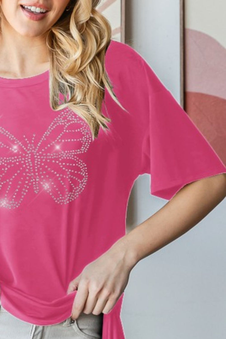 Heimish Full Size Rhinestone Butterfly Round Neck Short Sleeve T-Shirt Plus Size - MyEmpired
