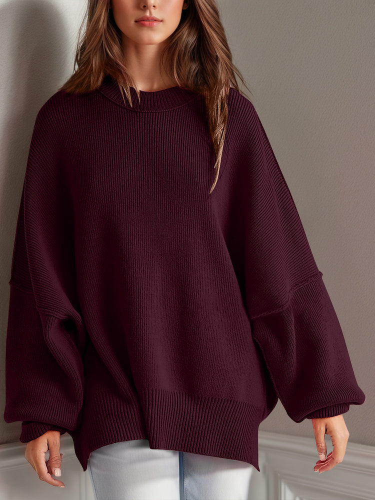 Double Take Side Slit Round Neck Long Sleeve Sweater - MyEmpired