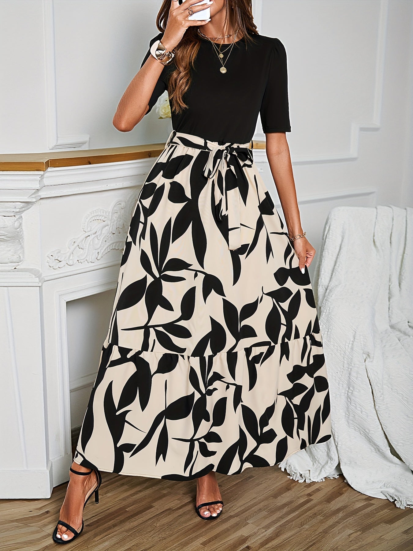 Plant Print Belted Splicing Dress, Elegant Crew Neck Short Sleeve Dress For Spring & Summer, Women&