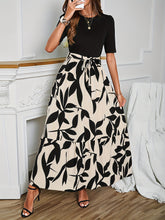 Plant Print Belted Splicing Dress, Elegant Crew Neck Short Sleeve Dress For Spring & Summer, Women&