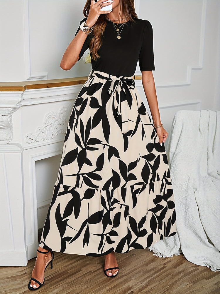 Plant Print Belted Splicing Dress, Elegant Crew Neck Short Sleeve Dress For Spring & Summer, Women&