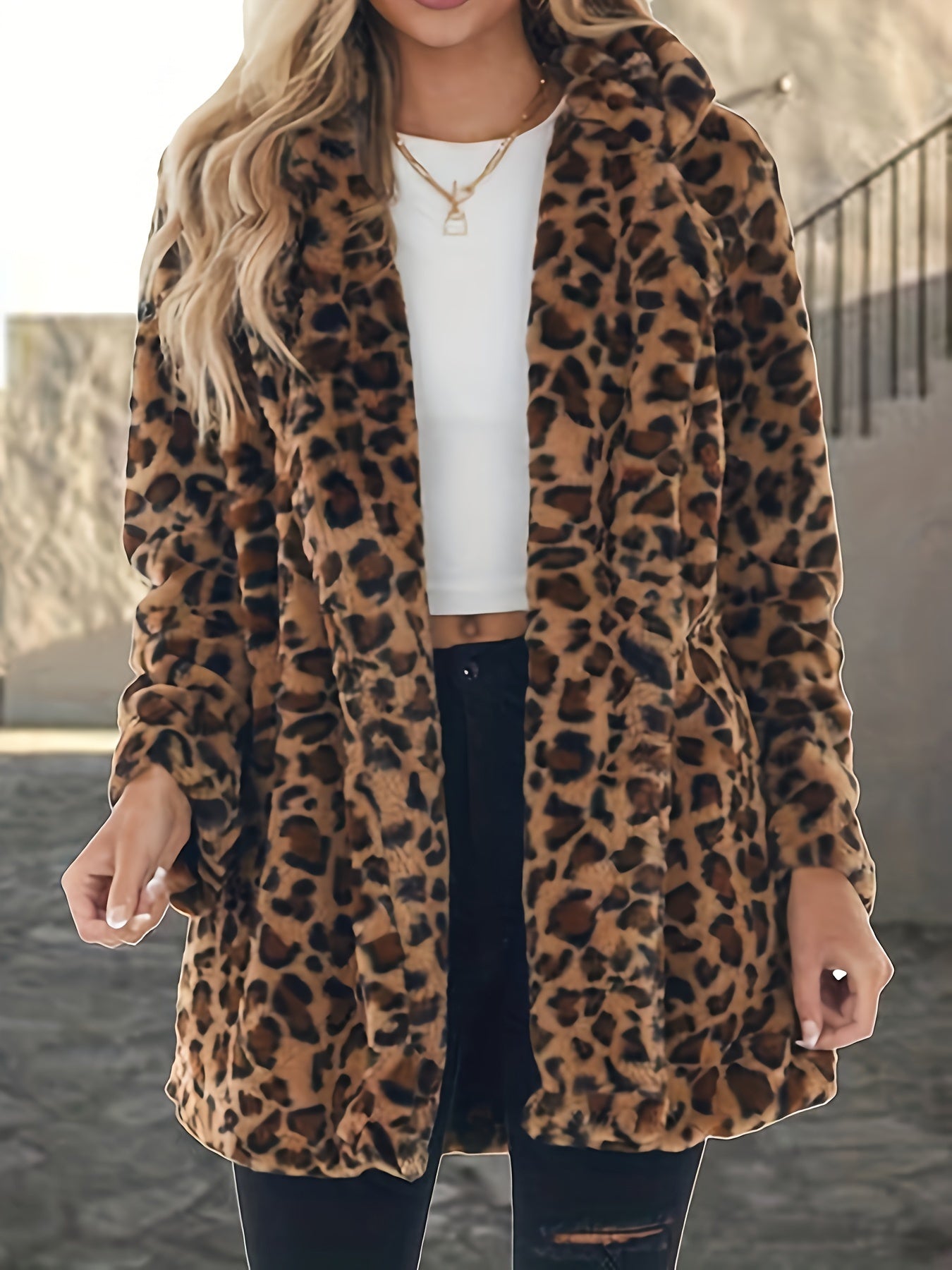 Leopard Pattern Open Front Teddy Coat - MyEmpired