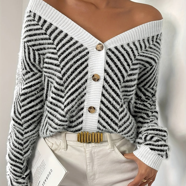 Elegant Geometric Pattern V-Neck Cardigan - Button Front, Long Sleeve Knit Sweater for Women, Perfect for Fall & Winter - MyEmpired