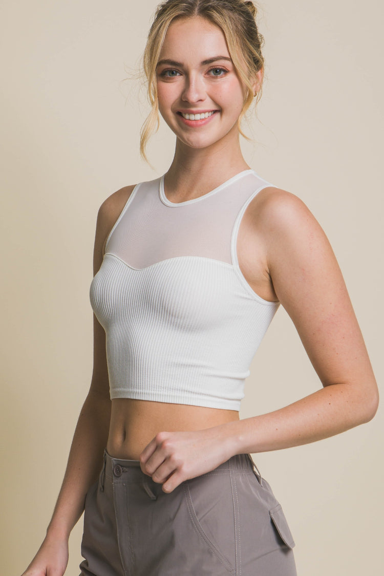 Love Tree Round Neck Ribbed Cropped Mesh Tank - MyEmpired