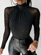 Elegant Starry Sky Sequin Embellished High Neck Sheer Mesh,Skinny Fit Long Sleeve Knit Polyester Top - All Season Elegant Collection - MyEmpired