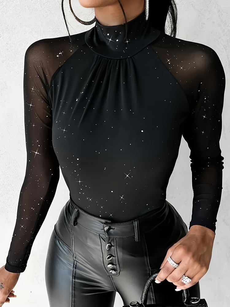 Elegant Starry Sky Sequin Embellished High Neck Sheer Mesh,Skinny Fit Long Sleeve Knit Polyester Top - All Season Elegant Collection - MyEmpired