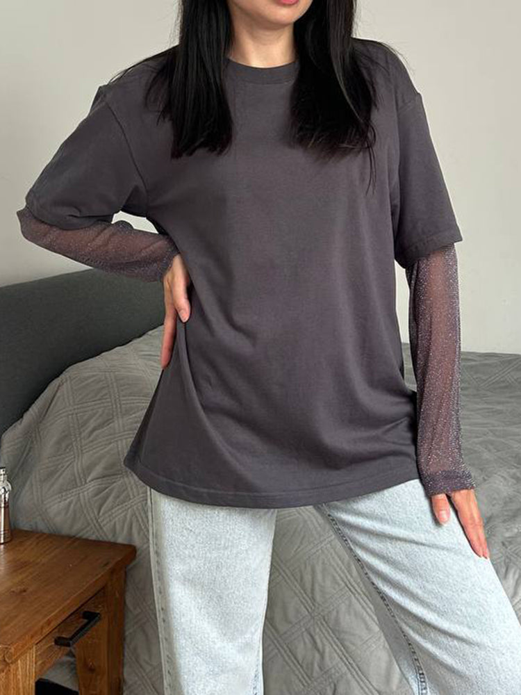 Faux Layered Round Neck Mesh Sleeve Top - MyEmpired