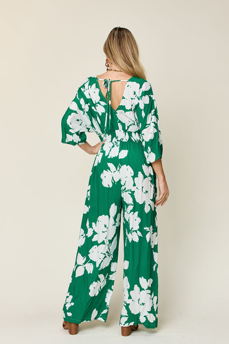Double Take Full Size Printed Tie Back Wide Leg Jumpsuit - MyEmpired