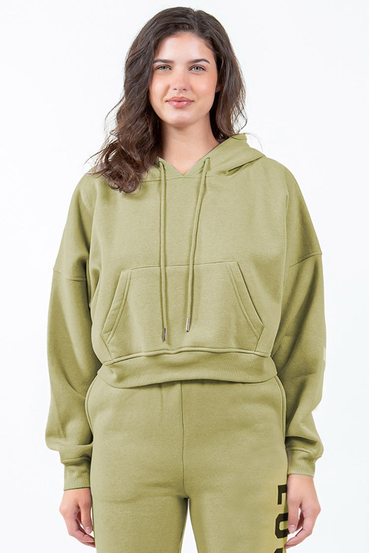American Bazi Letter Graphic Long Sleeve Drawstring Cropped Hoodie - MyEmpired
