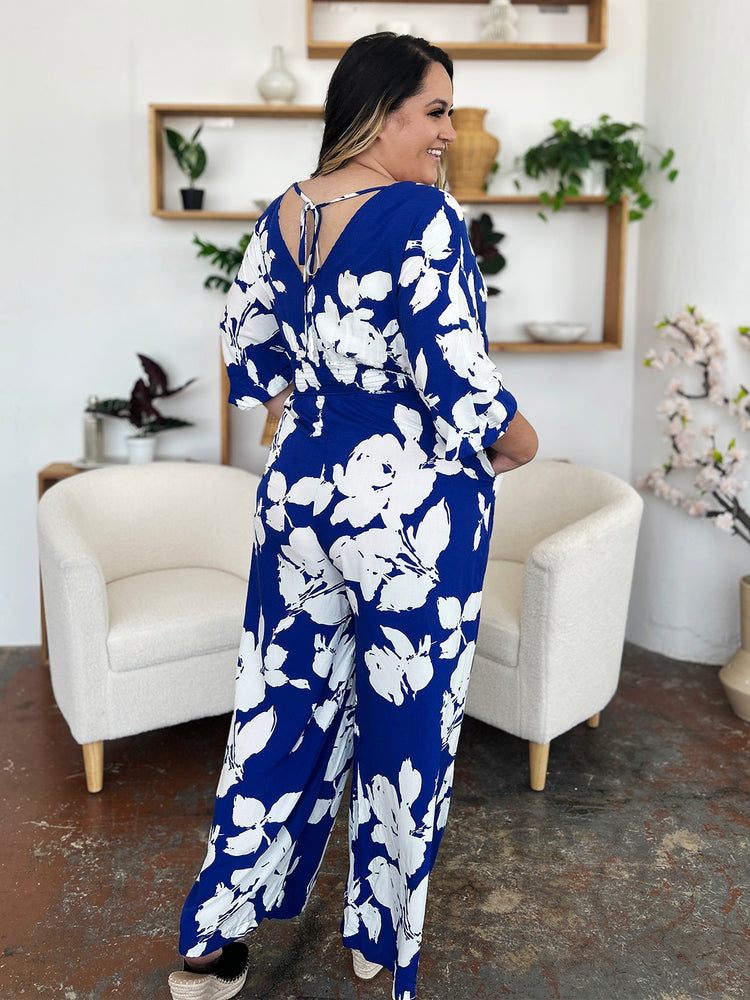 Double Take Full Size Printed Tie Back Wide Leg Jumpsuit - MyEmpired