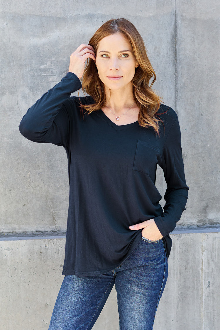 Basic Bae Full Size V-Neck Long Sleeve Top - MyEmpired