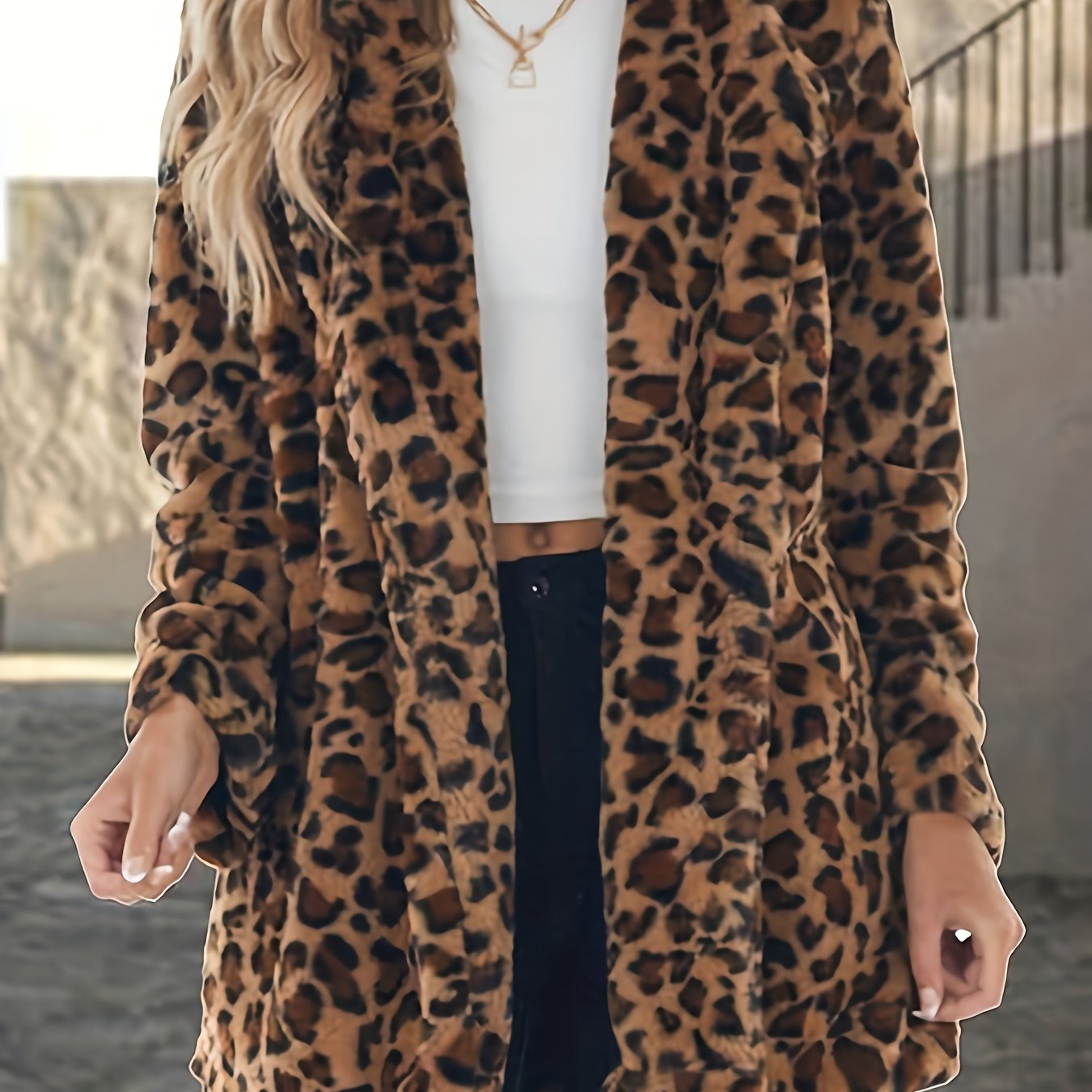 Leopard Pattern Open Front Teddy Coat - MyEmpired