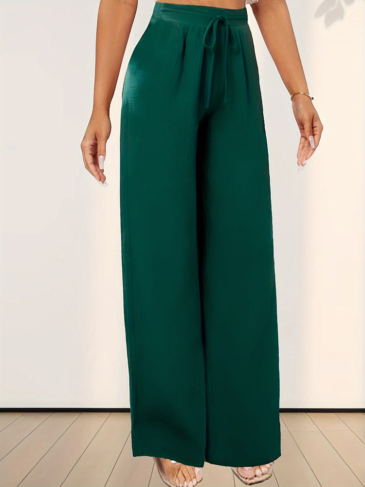 Solid Color Wide Leg Pants, Casual High Drawstring Waist Loose Pants For Spring & Summer, Women&